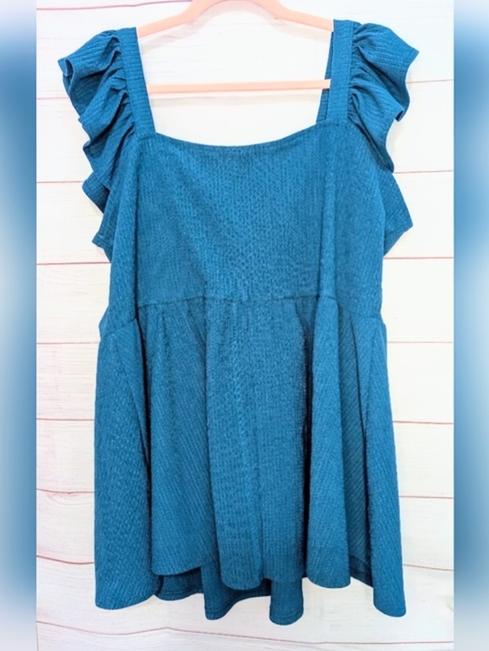 French Twist Teal Ruffle Sleeve Waffle 🧇 Smocked Tank Top Size 1X